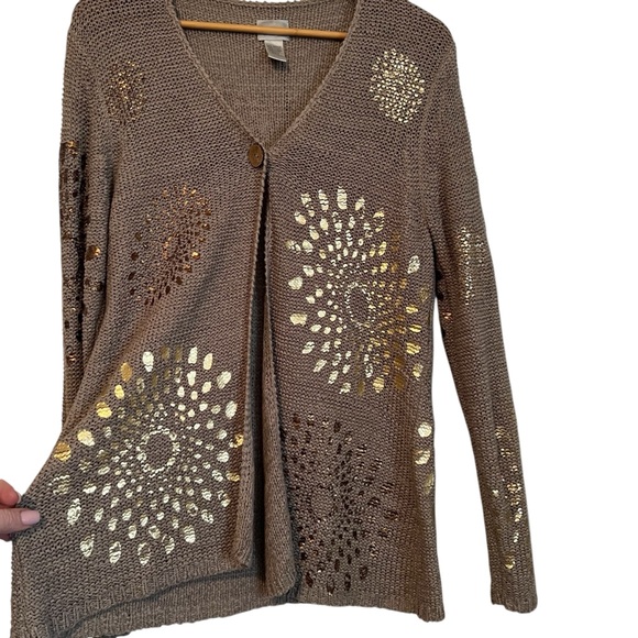 Chico's Sweaters - Chico's Taupe Knit Cardigan with Gold & Bronze Accents